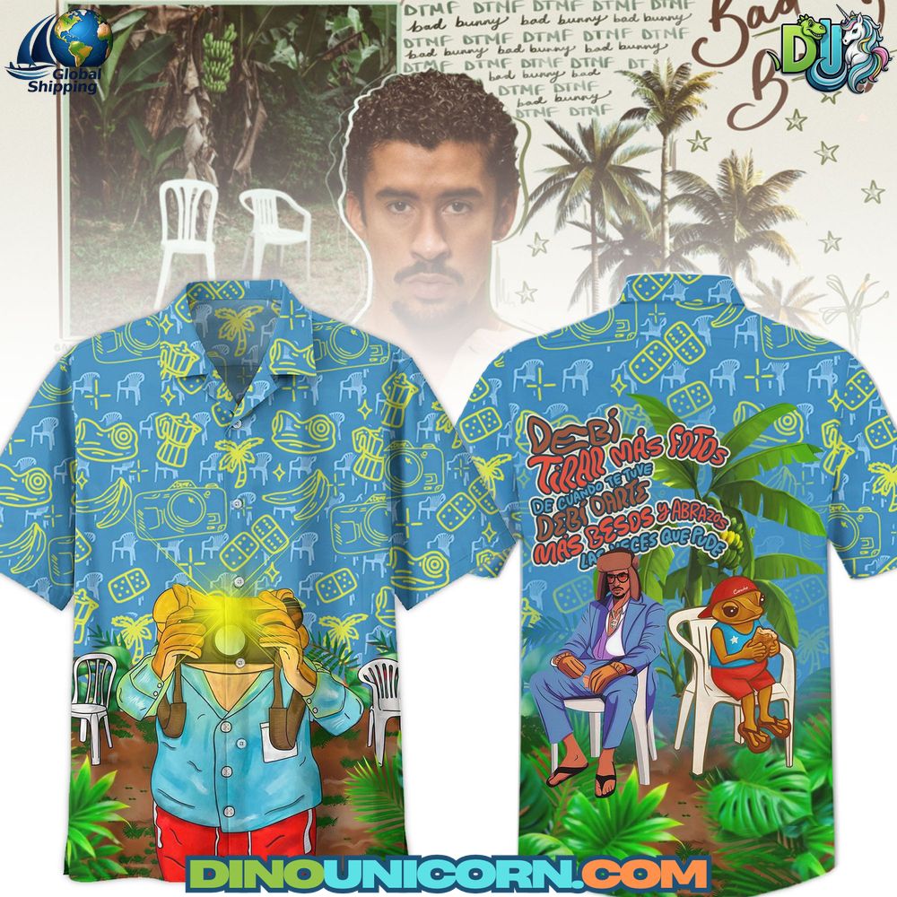 Bad Bunny Hawaiian Shirt High-resolution product photo of a Bad Bunny Hawaiian shirt (Bad Bunny shirt) with pastel tropical palm-and-banana print, relaxed camp-collar fit, breathable fabric, and vibrant, anti-fade graphics.