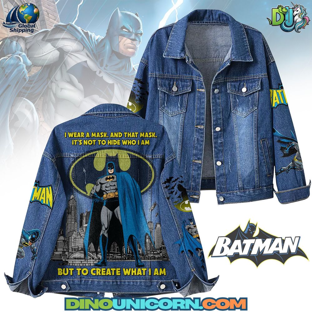 Batman Denim Jacket Premium handmade Batman denim jacket with classic black-and-yellow logo and Gotham skyline back print, vintage wash, unisex trucker fit for everyday superhero streetwear.