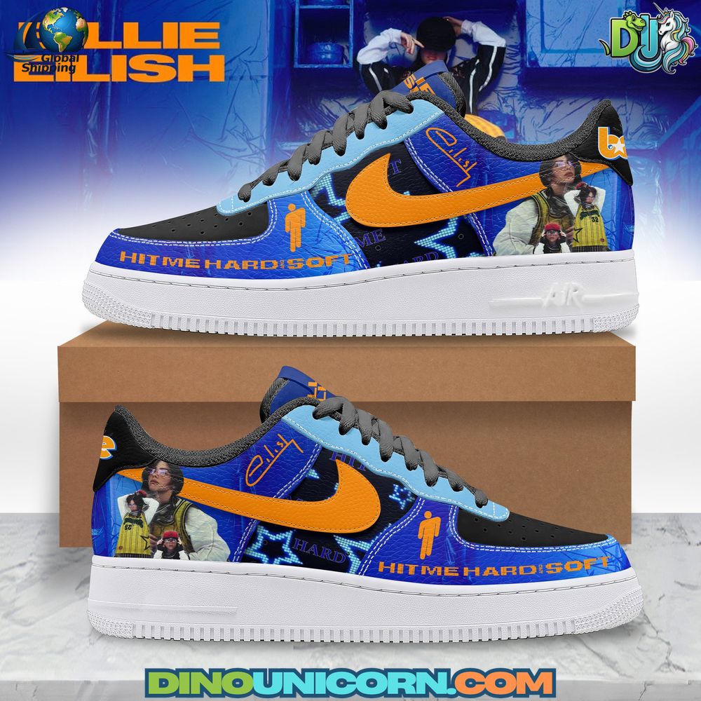 Billie Eilish Singer Air Force 1 Sneaker Billie Eilish Singer Air Force 1 Sneaker featuring blue and orange abstract artwork, inspired by “Hit Me Hard and Soft”; handmade Billie Eilish sneakers for music and fashion fans.