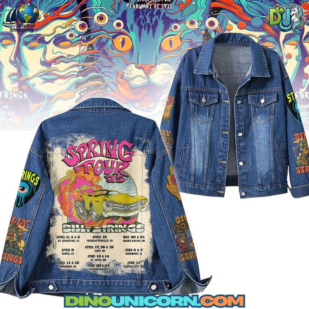 Billy Strings Tour Denim Jacket A Billy Strings Tour Denim Jacket in vintage blue trucker denim with psychedelic back print and 2023 tour dates, premium handmade finish, breathable durable jean coat.