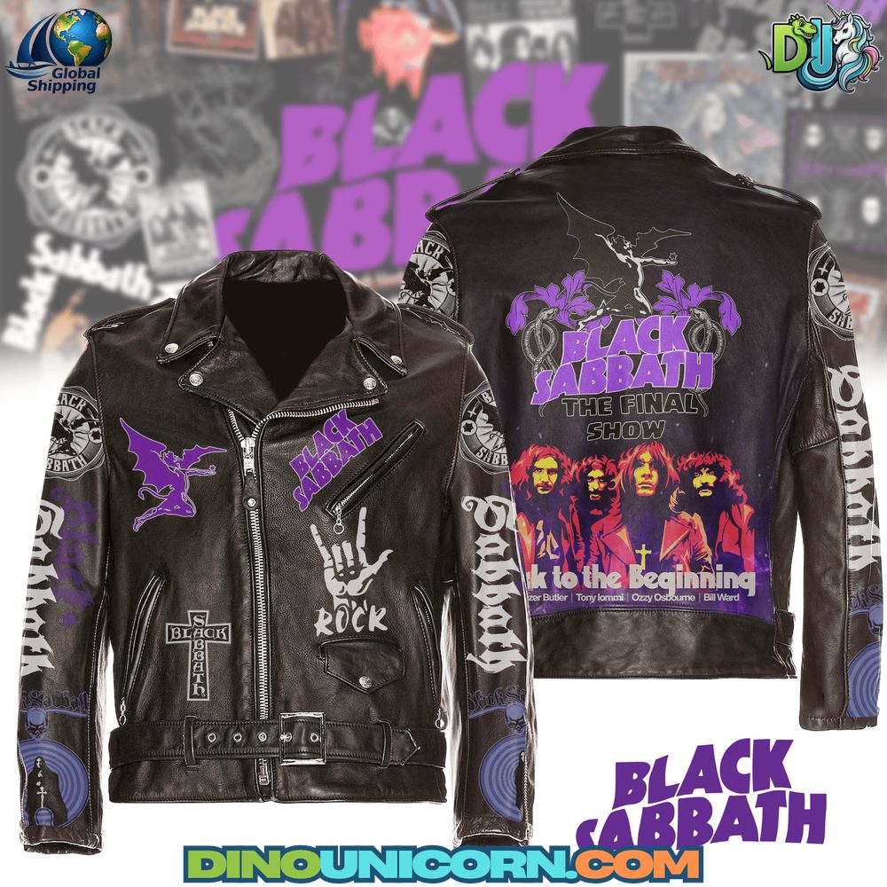 Black Sabbath Leather Jacket Handmade Black Sabbath leather jacket featuring bold purple and black graphics, devil logo, and biker-style silhouette inspired by the band’s final tour; The Final Show leather jacket collectible from DinoUnicorn.com.