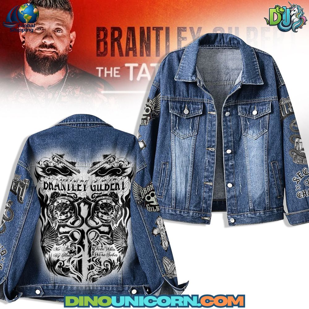 Brantley Gilbert Denim Jacket A Brantley Gilbert denim jacket with skull tattoo back print, distressed vintage wash, and outlaw country rock style—handmade unisex streetwear for concerts and festivals.