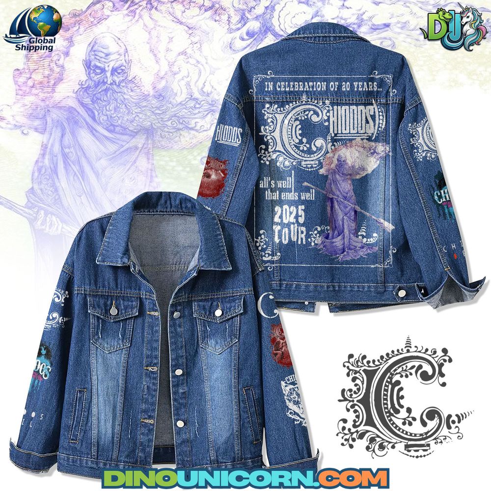 Chiodos Denim Jacket Chiodos Denim Jacket with distressed blue wash and bold back graphic inspired by All’s Well That Ends Well; handmade Chiodos tour 2025 jacket celebrating 20 years of post-hardcore music.
