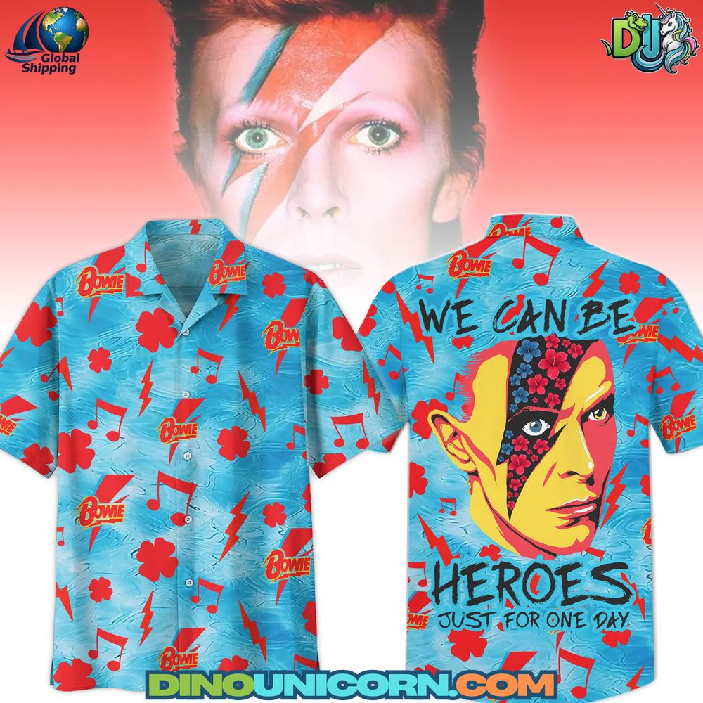 David Bowie Hawaiian Shirt High-resolution photo of a David Bowie Hawaiian shirt featuring red and blue tropical prints, lightning bolt pattern, and Aladdin Sane-inspired face graphic — a premium handmade streetwear shirt for Bowie fans.