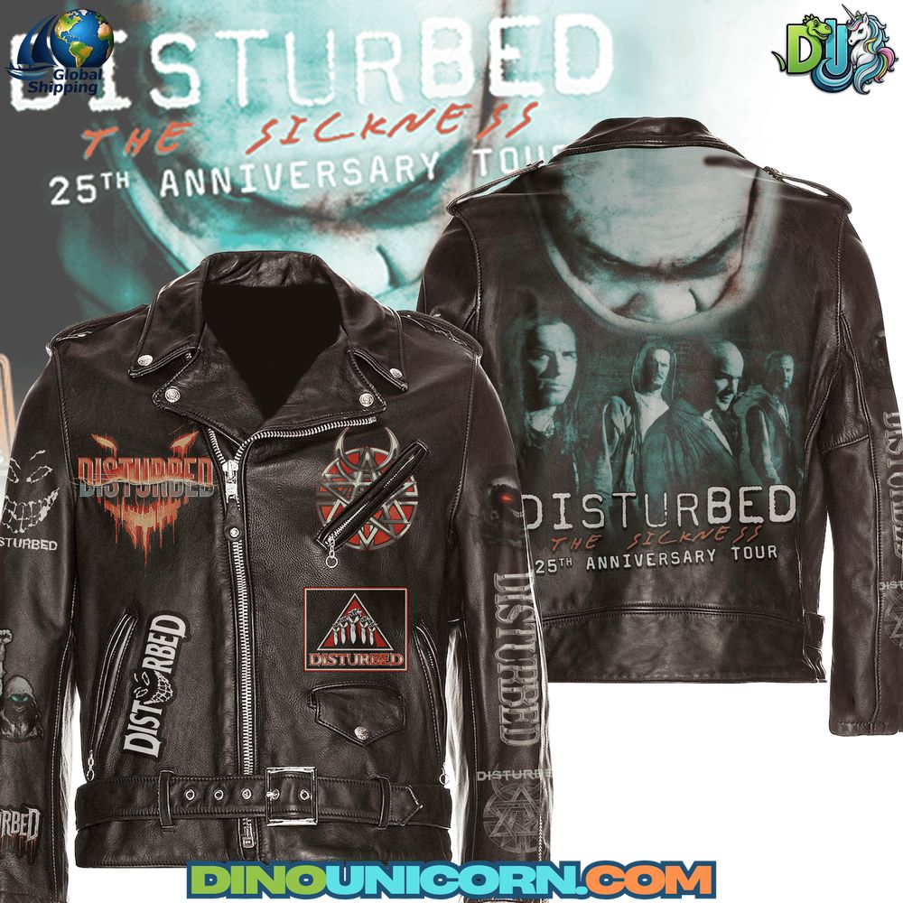 Disturbed Leather Jacket Handmade Disturbed leather jacket featuring The Guy mask, distressed black cowhide texture, and album-inspired graphics; The Sickness 25th Anniversary Tour jacket collectible from DinoUnicorn.com.