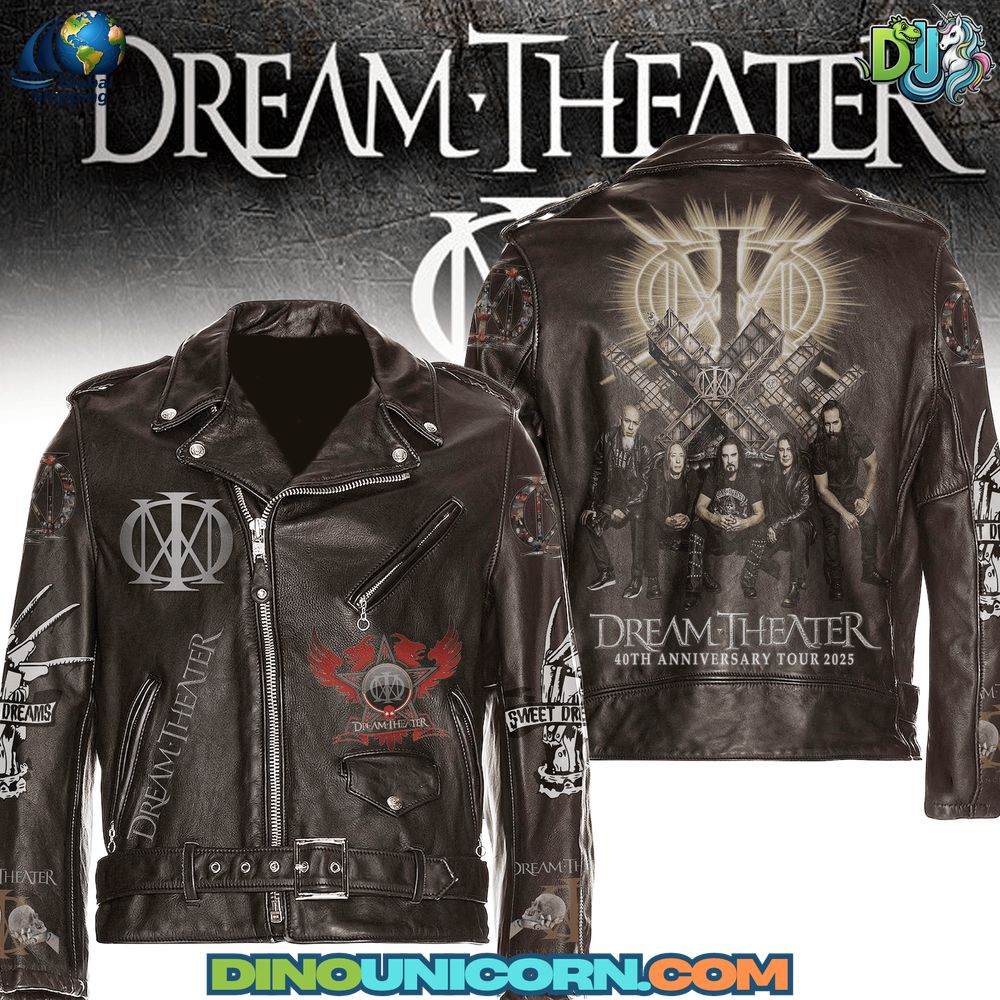 High-resolution image of a Dream Theater leather jacket in distressed black leather featuring logo patches, full back print artwork, and belted biker design — a premium handmade streetwear jacket for progressive metal fans.