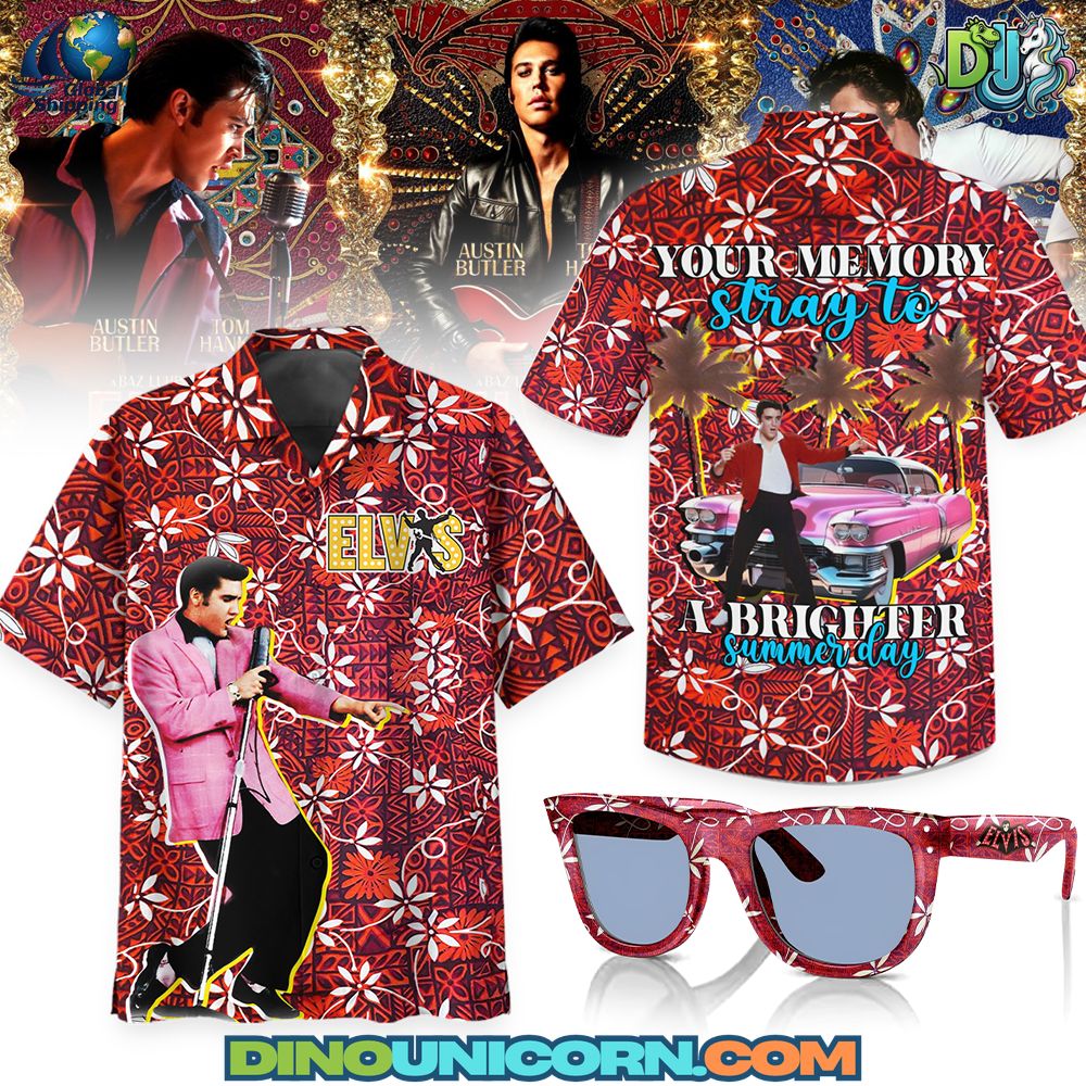High-resolution image of an Elvis Presley Hawaiian shirt featuring red floral tropical prints, pink Cadillac graphics, and retro 1950s rockabilly details — a premium handmade streetwear tribute to the King of Rock.