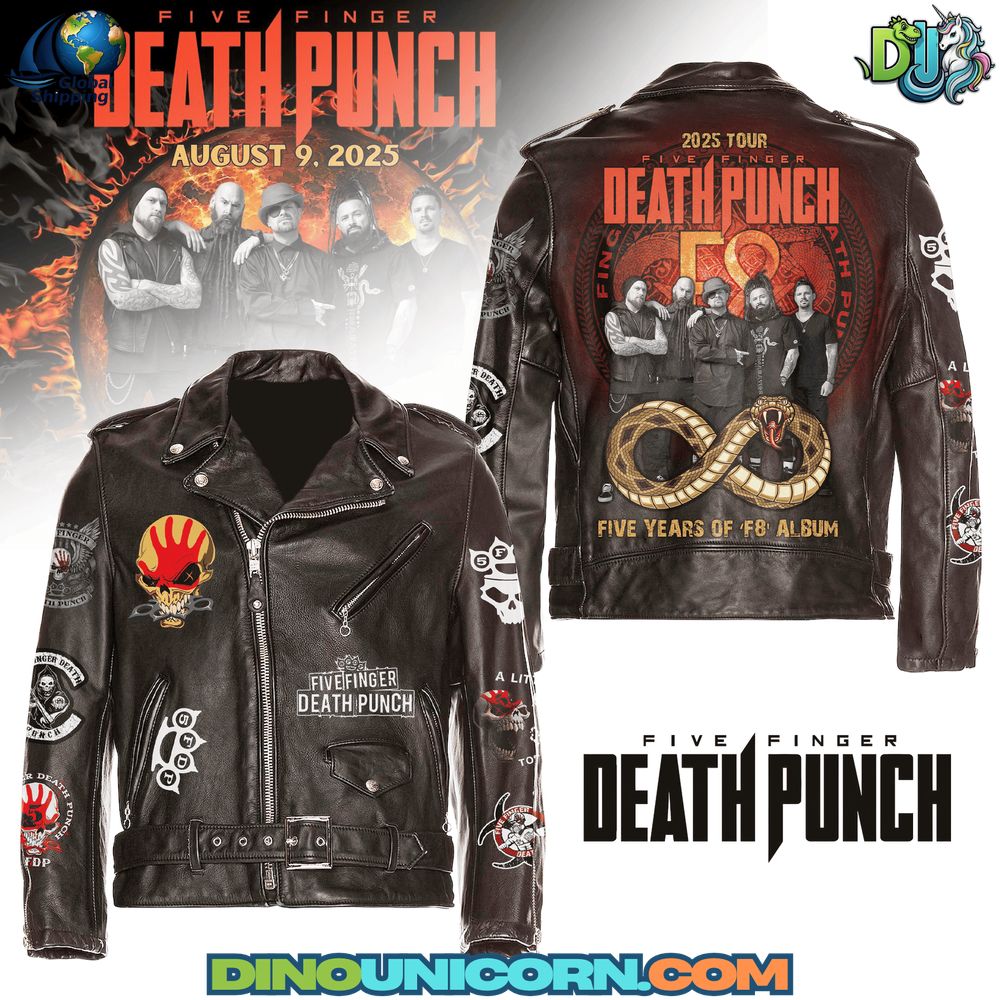 Five Finger Death Punch Leather Jacket High-resolution photo of a Five Finger Death Punch leather jacket featuring distressed black cowhide, skull patch graphics, zip-up belted biker design, and gothic metal motifs — a premium handmade streetwear collectible for rock fans.