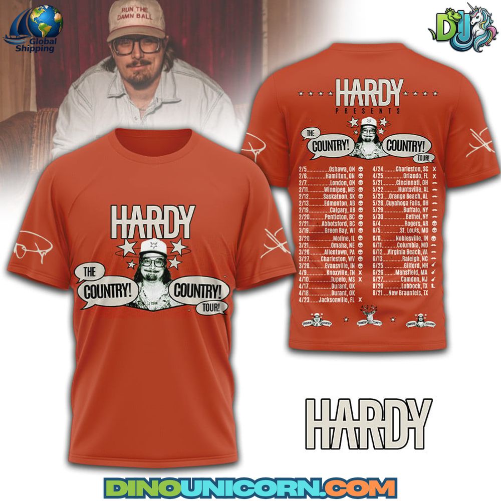 HARDY Tshirt HARDY T-shirt by Dinounicorn featuring bold red Western graphics and cartoon-style portrait, perfect for fans seeking premium HARDY merch.