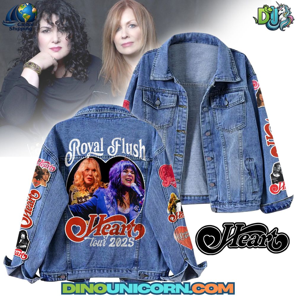 Heart Denim Jacket Handmade Heart denim jacket featuring Royal Flush Tour 2025 graphics, vintage Heart logo, and distressed blue wash; collectible classic rock denim jacket by DinoUnicorn.com.