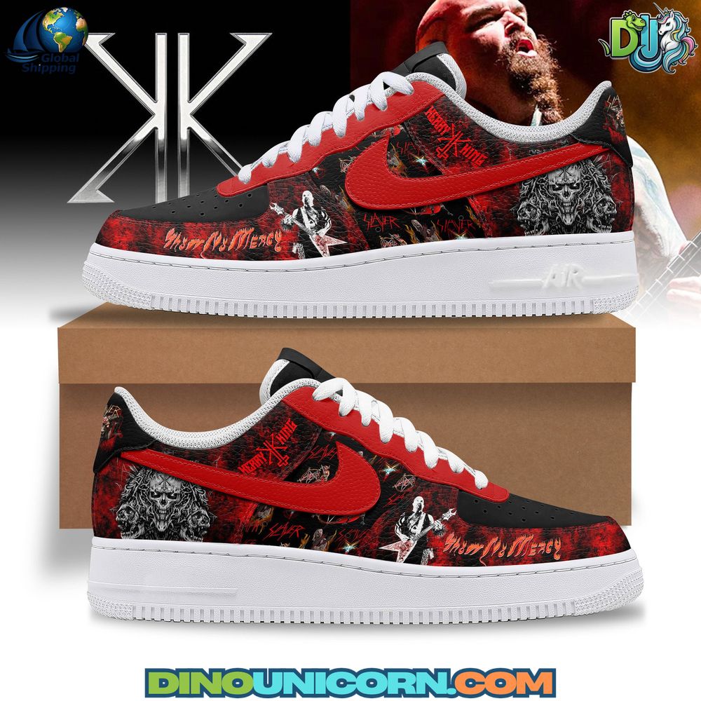 Premium handmade Kerry King Air Force 1 sneaker featuring red and black Slayer-inspired artwork, skull graphics, bold red swoosh, and cushioned low top leather design for metal fans.