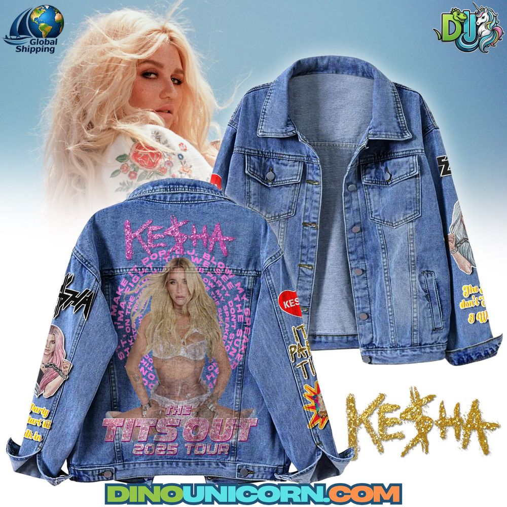 Kesha Denim Jacket Kesha Denim Jacket with glitter back print and tour-inspired design; handmade Kesha 2025 tour jacket celebrating pop star fashion and music culture.