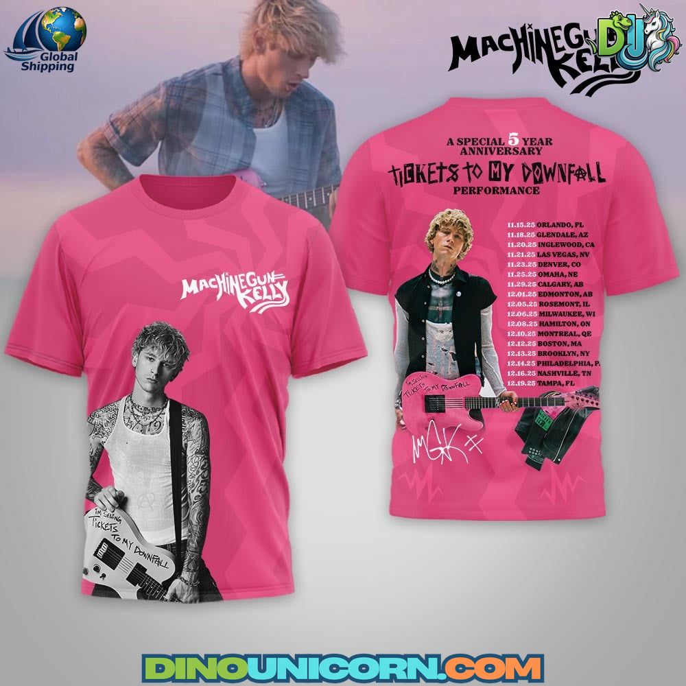 Machine Gun Kelly Tshirt Machine Gun Kelly T-shirt with pink pop punk design inspired by Tickets To My Downfall, featuring bold MGK concert graphics.
