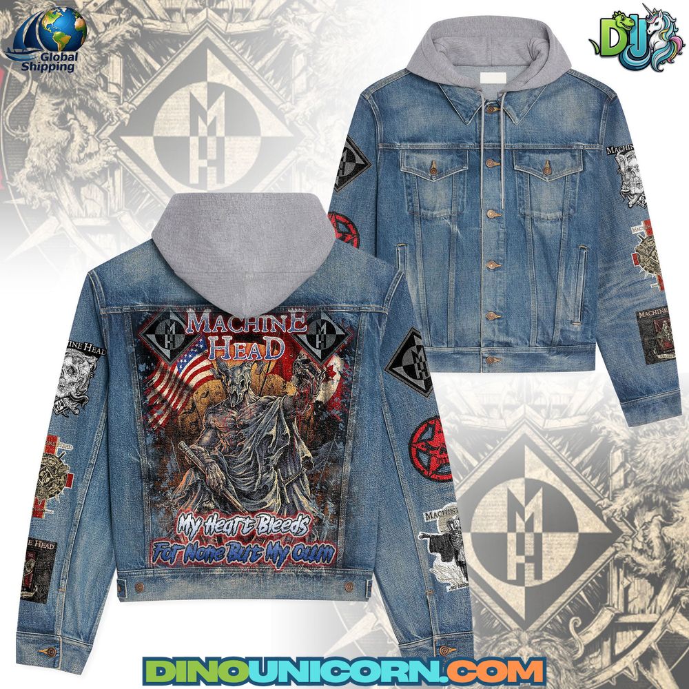 Machine Head Hooded Denim Jacket High-resolution image of a Machine Head hooded denim jacket featuring distressed blue denim, black hood insert, embroidered band patches, and bold American flag back print — a premium handmade streetwear collectible for metal fans.