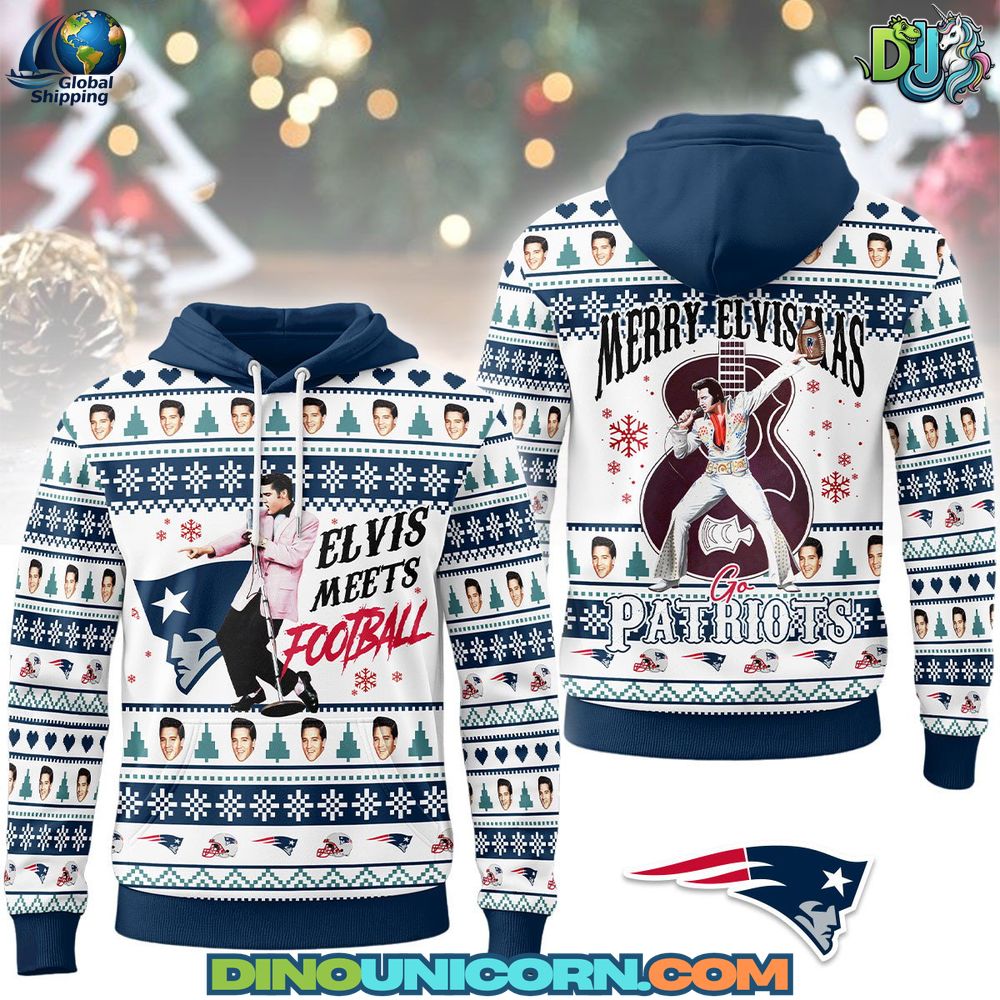 New England Patriots Elvis Presley Christmas Hoodie featuring Santa Elvis graphic in festive red and blue; cozy holiday pullover for Patriots and Elvis fans.