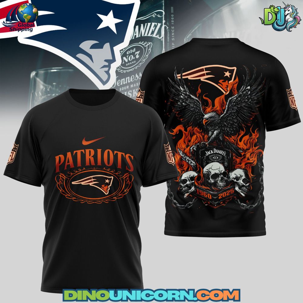New England Patriots Flaming Eagle Skull Tshirt Graphic close-up of a New England Patriots Flaming Eagle Skull T-shirt featuring a bold flaming eagle-skull design for a dark streetwear Patriots look.