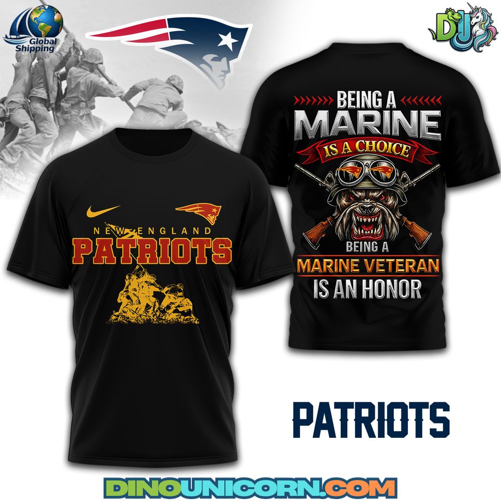 New England Patriots Marine Veteran 3D T-shirt featuring American flag and Patriots logo 3D print; military green Salute to Service tee for veterans.