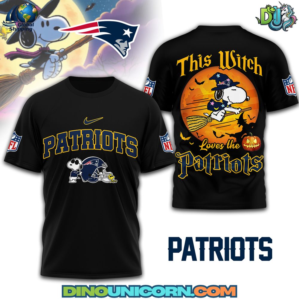 New England Patriots Snoopy Witch Tshirt New England Patriots Snoopy Witch T-Shirt featuring Peanuts character in Halloween costume, unisex fit, whimsical graphic, and festive football fanwear.