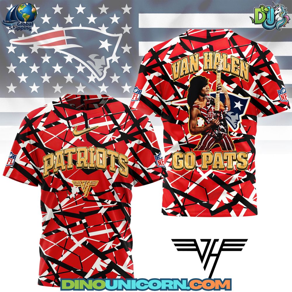 New England Patriots Van Halen T-shirt featuring electric guitar lightning Patriots logo; unisex 80s rock crossover NFL tee.