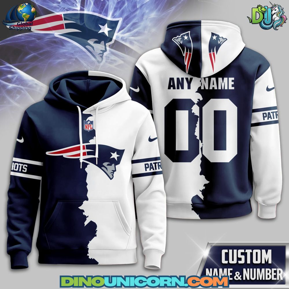 New England Patriots Victory Split Hoodie New England Patriots Victory Split Hoodie with two-tone colorblock design, bold split logo, unisex fit, premium fleece, and stylish streetwear fanwear.