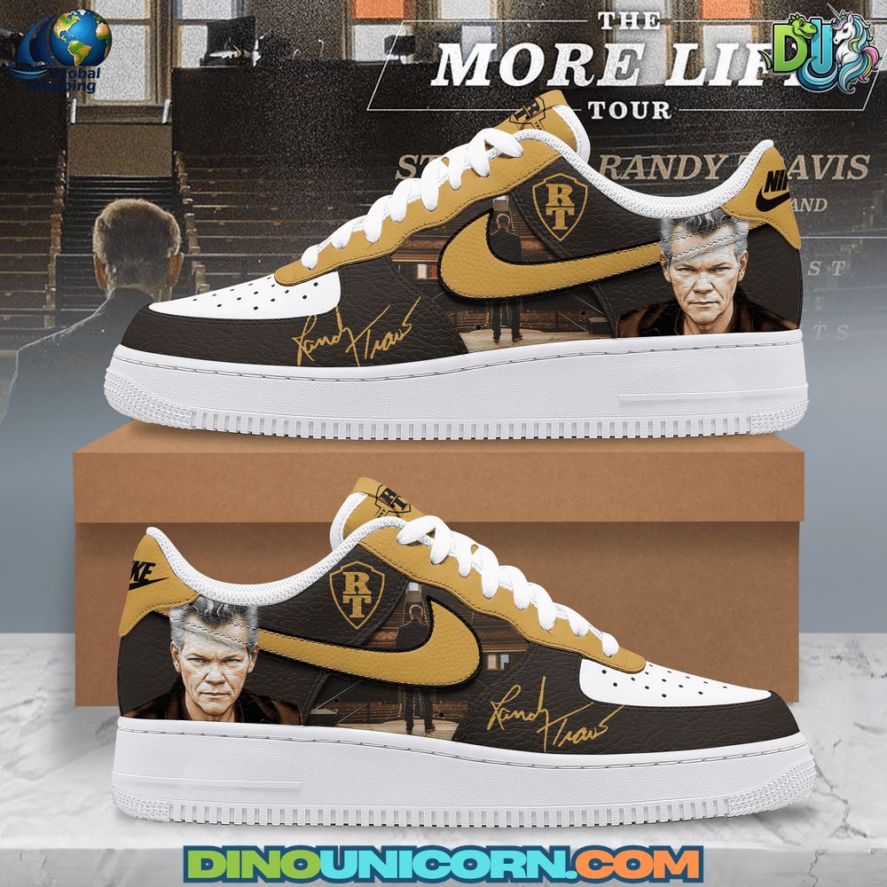 Randy Travis Air Force 1 Sneaker Handmade Randy Travis Air Force 1 sneakers in black and gold, featuring RT crest and tour-inspired graphics; premium country music sneakers by DinoUnicorn.com.