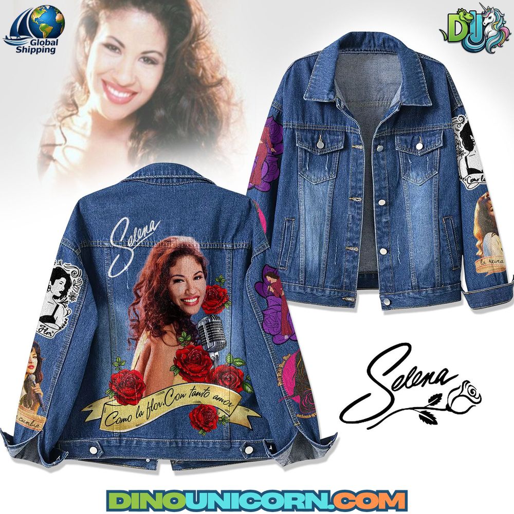 Selena Denim Jacket Selena denim jacket featuring vintage wash denim, red rose and portrait back print, handmade Latin music tribute design, and premium DinoUnicorn craftsmanship.