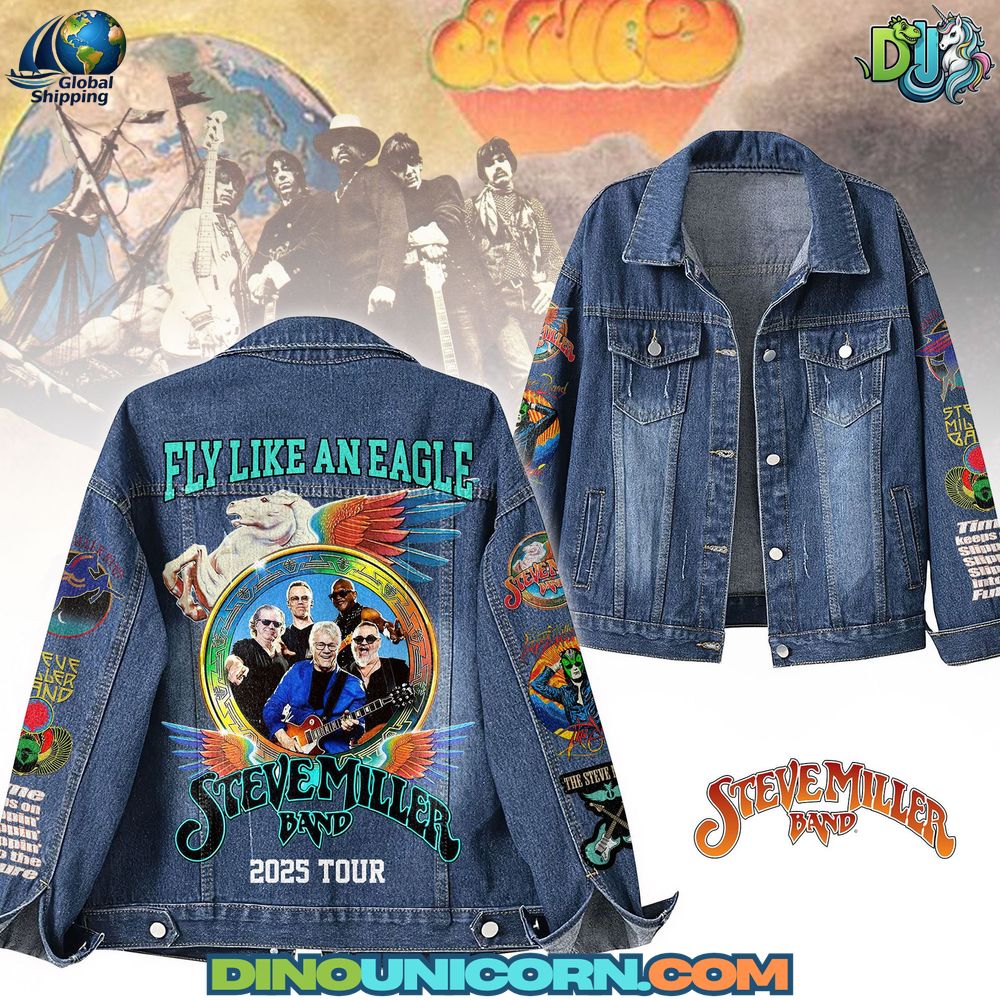 Steve Miller Band Denim Jacket Steve Miller Band Denim Jacket with distressed blue wash and Fly Like an Eagle back print; handmade classic rock denim jacket inspired by 2025 tour aesthetics.