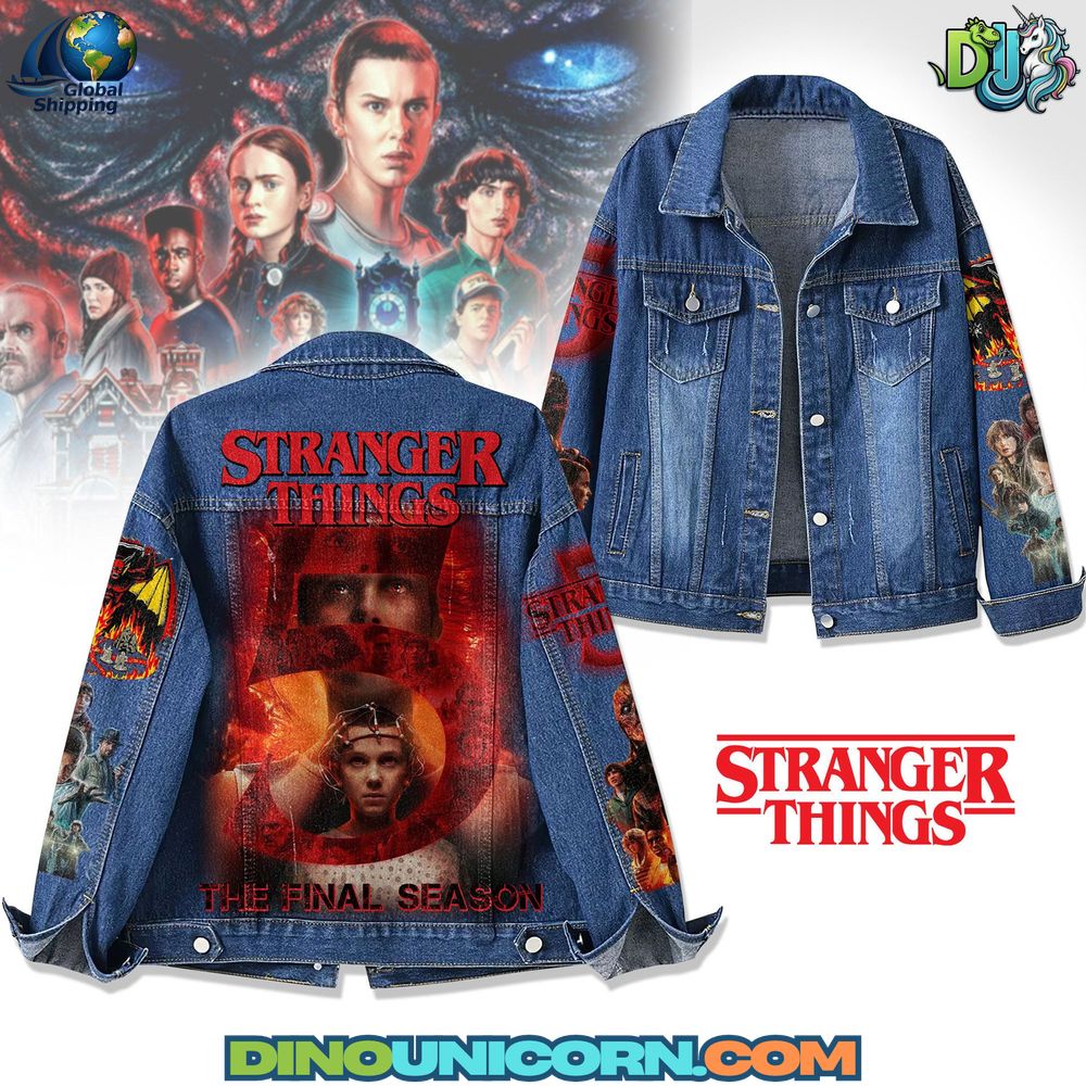 Stranger Things Denim Jacket Handmade Stranger Things denim jacket with red-black Upside Down graphic, 80s-inspired distressed wash, and sci-fi horror streetwear styling.