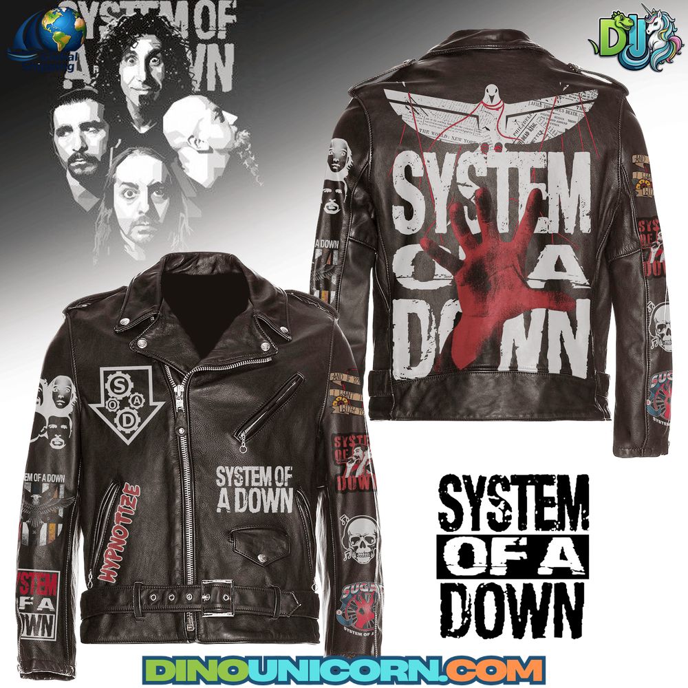 System of a Down Leather Jacket High-resolution image of a System of a Down leather jacket featuring distressed black leather, red hand logo, skull patch, and bold back graphic — a premium handmade streetwear piece for rock and metal fans.