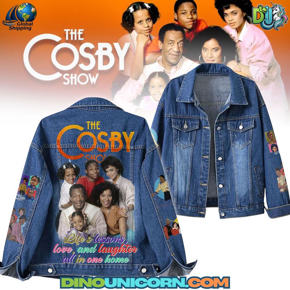 The Cosby Show Denim Jacket The Cosby Show denim jacket featuring vintage wash blue denim, Huxtable family back print, handmade retro pop culture design, and premium DinoUnicorn craftsmanship.