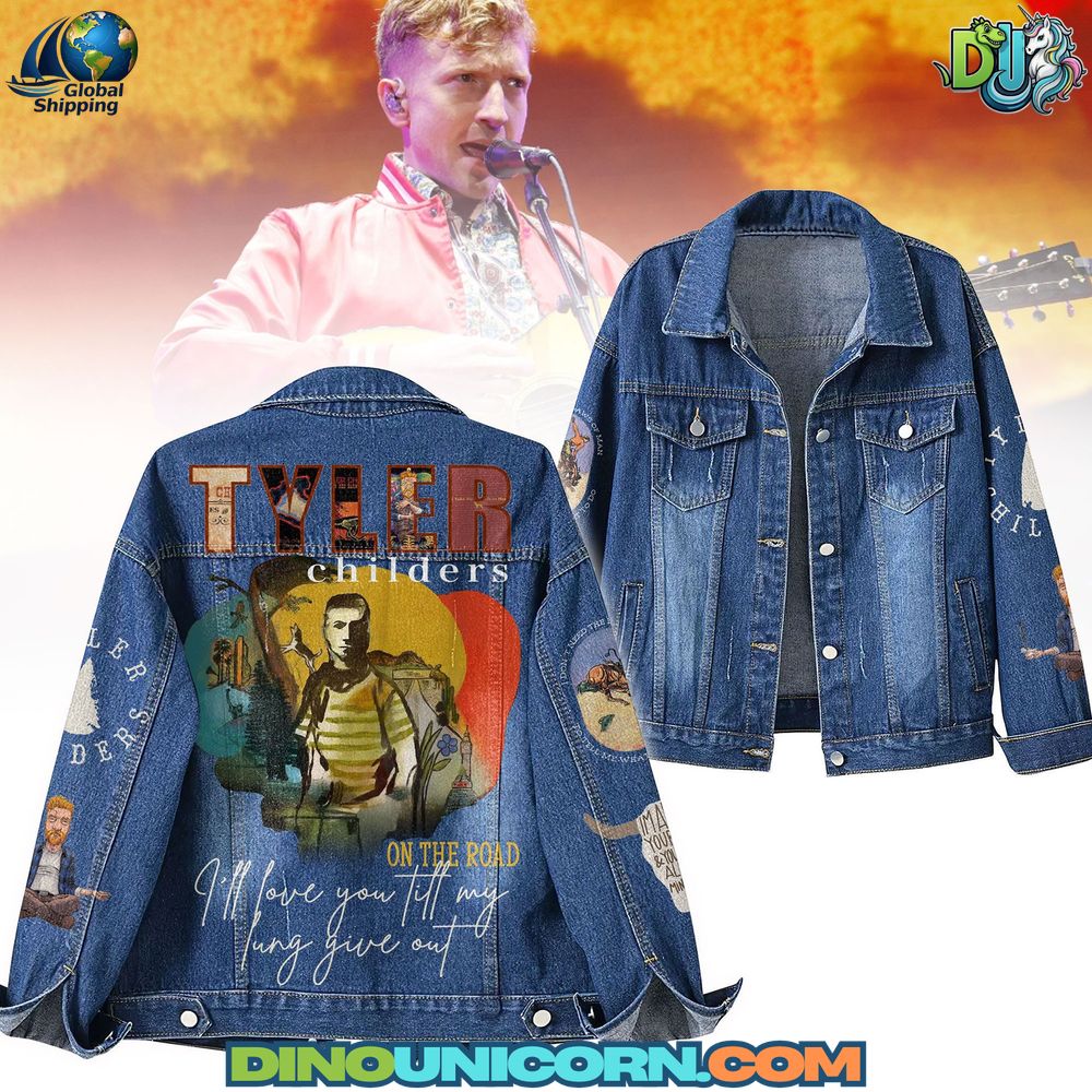 Tyler Childers Denim Jacket Tyler Childers denim jacket featuring vintage wash blue denim, lyric-inspired back print, handmade Appalachian country design, and premium DinoUnicorn craftsmanship.