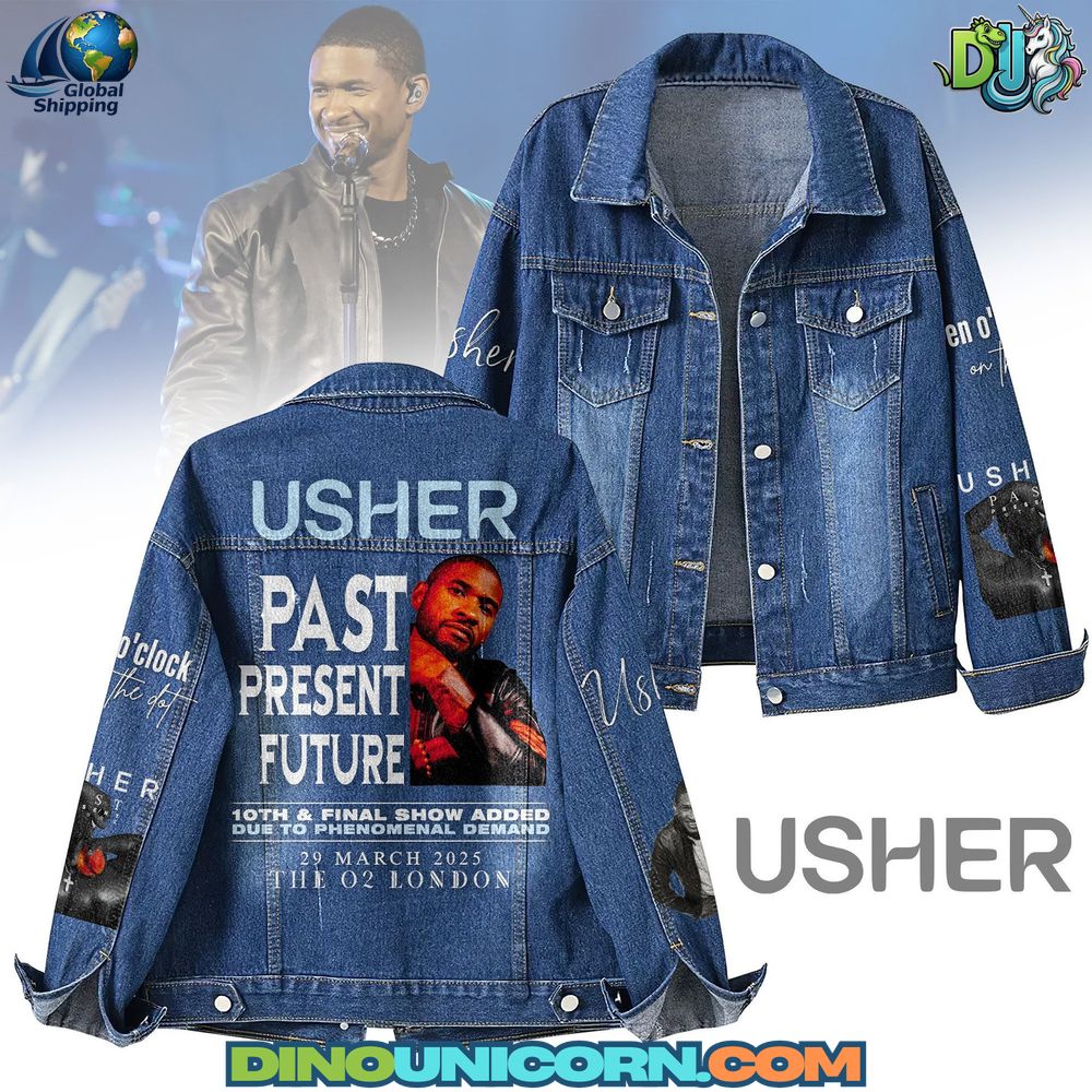 Usher Denim Jacket A handmade Usher denim jacket featuring Past Present Future tour graphics, distressed blue wash, and premium cotton finish—unisex collectible R&B streetwear from DinoUnicorn.com.