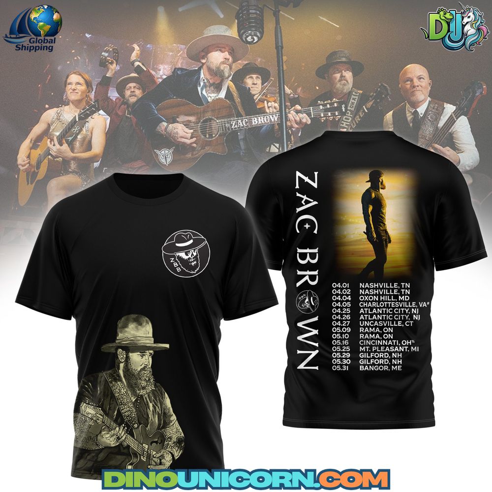 Zac Brown Band Tshirt Zac Brown Band T-shirt with rustic country graphics, musician silhouette and tour date elements, soft black unisex tee for country music fans.