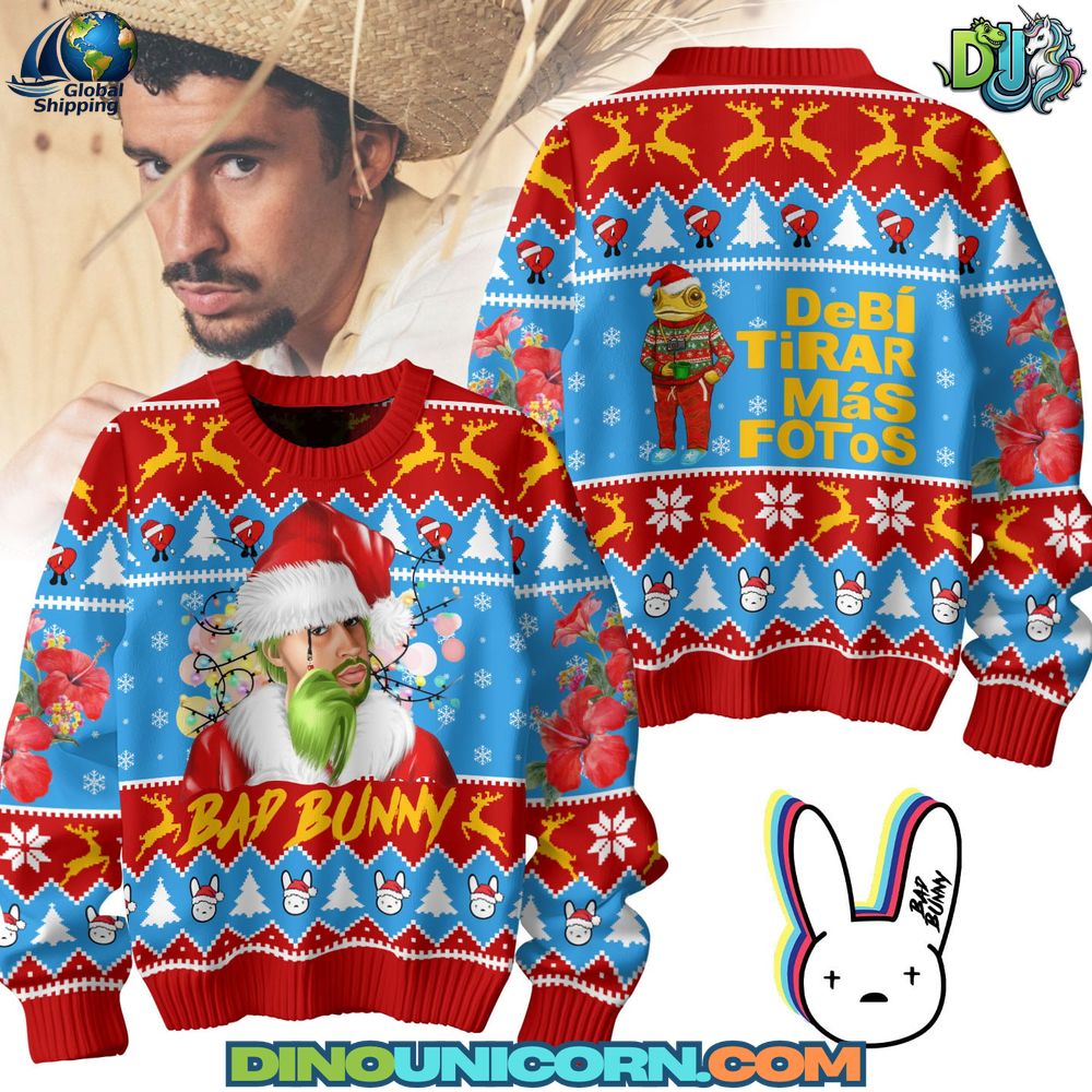 Bad Bunny Ugly Christmas Sweater with colorful graphic knit, Santa-inspired Benito design, festive reggaeton holiday apparel for fans.