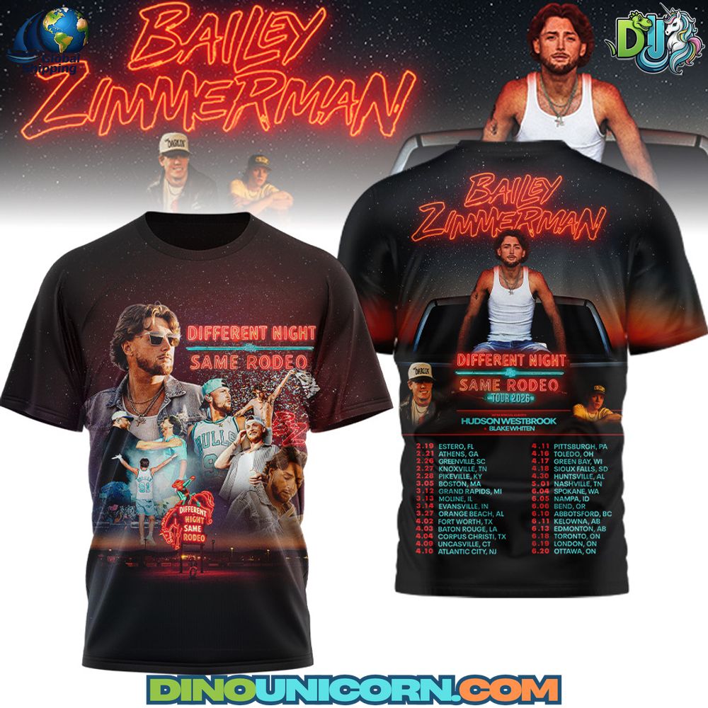 Bailey Zimmerman Different Night Same Rodeo Tour Tshirt Bailey Zimmerman Different Night Same Rodeo Tour T-shirt featuring neon western graphics, tour dates back print, modern country streetwear design.