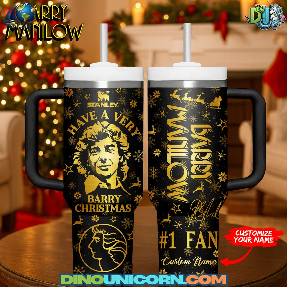 Barry Manilow Christmas Stanley Tumbler Cup — a black and gold Barry Manilow Christmas cup styled Stanley travel mug with gold foil design and snowflake print for fans.