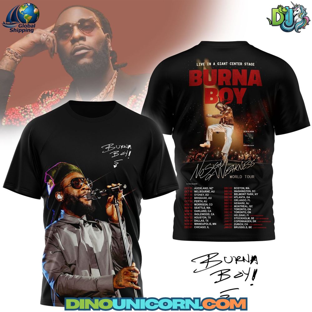 Black Burna Boy No Sign of Weakness World Tour T-shirt featuring bold stage photo graphics and Afrobeats-inspired artwork for fans and collectors.