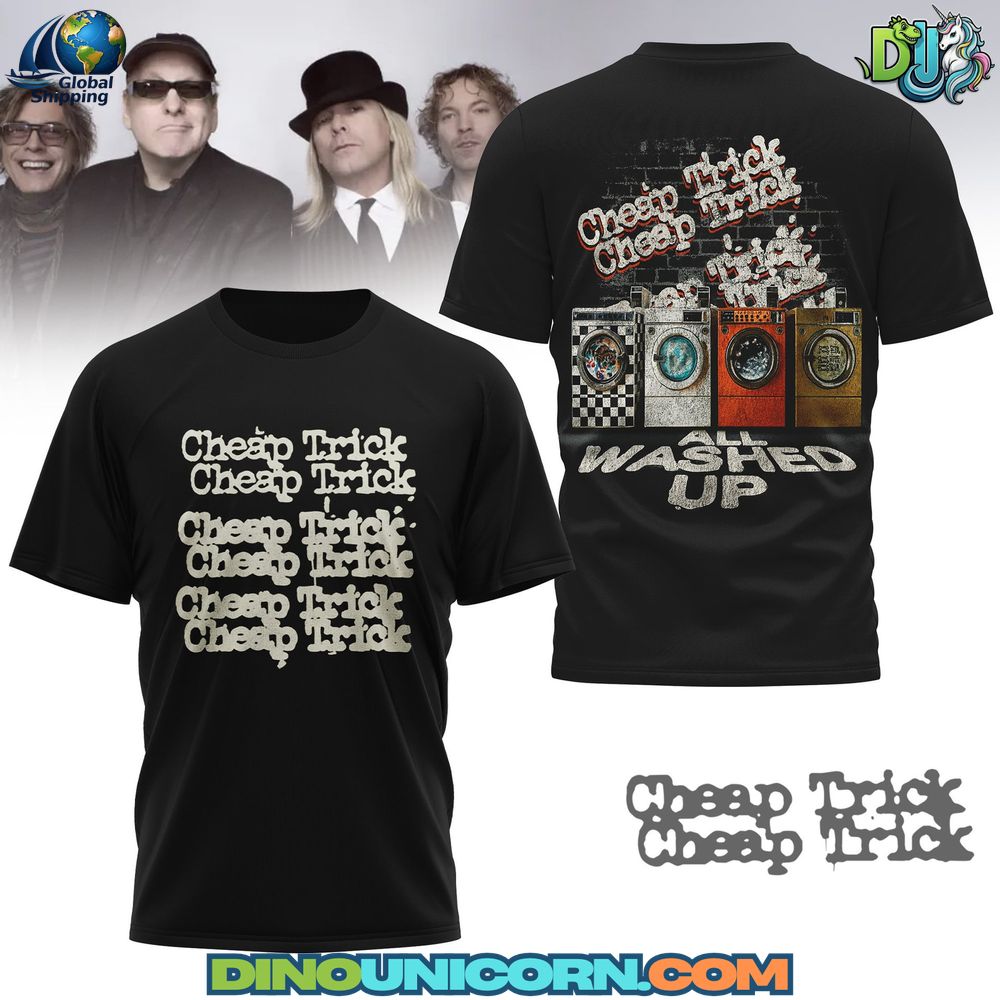 Cheap Trick All Washed Up Tshirt Vintage style Cheap Trick All Washed Up T-shirt featuring washing machine artwork, a black Cheap Trick t shirt with a distressed, washed look graphic inspired by classic tour merch.