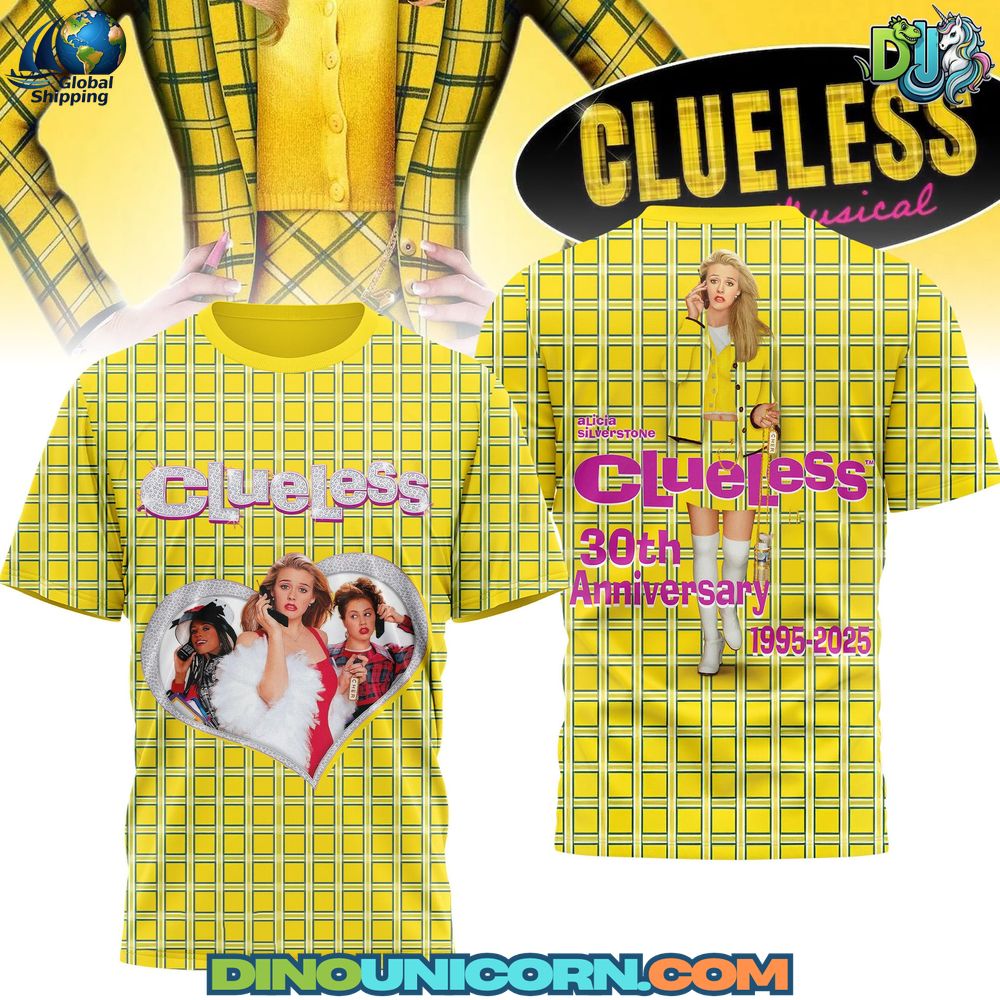 Clueless 30th Anniversary Tshirt Clueless 30th Anniversary T-shirt featuring yellow plaid design inspired by Cher Horowitz, celebrating the 1995–2025 movie milestone.