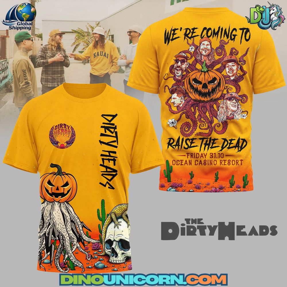 Dirty Heads Halloween Tshirt Dirty Heads Halloween T-shirt featuring a pumpkin skull illustration tee with octopus tentacles and desert cactus—limited edition Dirty Heads merch.