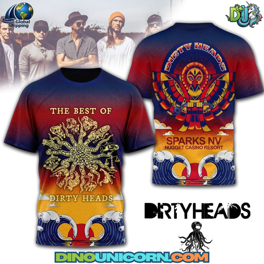 Dirty Heads Nugget Event Center T-shirt with colorful psychedelic artwork inspired by the band’s live Sparks NV performance and reggae rock aesthetic.