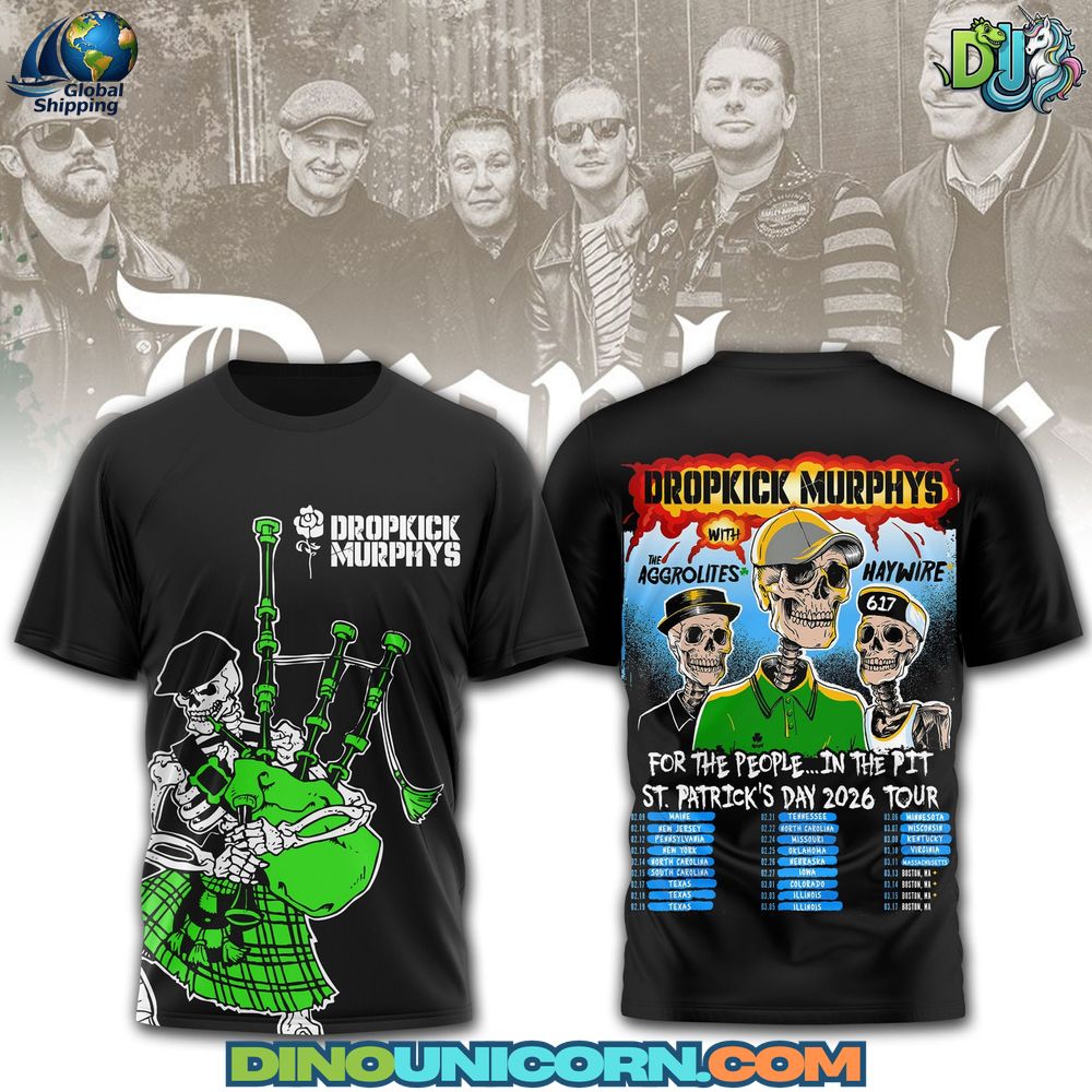 Dropkick Murphys 2026 Tour T-shirt featuring bold skeleton bagpipe artwork and Celtic punk graphics on premium cotton for fans and collectors.