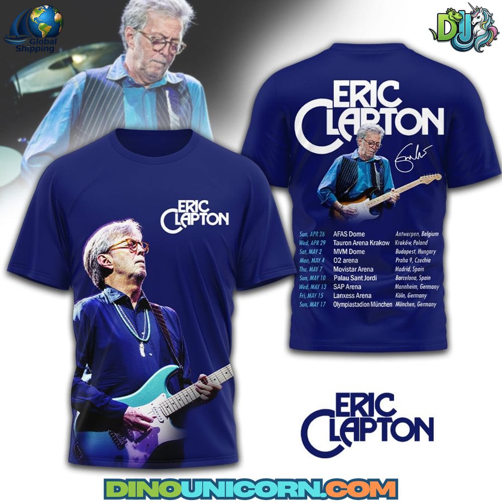 Eric Clapton Tour 2026 T-shirt featuring vintage-style guitarist portrait and guitar graphic, classic rock tour merch design in blue tones.