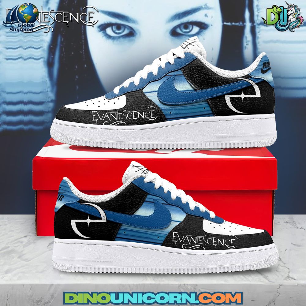Evanescence Air Force 1 Sneaker Evanescence Air Force 1 sneaker custom Nike Air Force 1 low with gothic rock design, black blue details, and Amy Lee inspired aesthetic for alternative music fans.