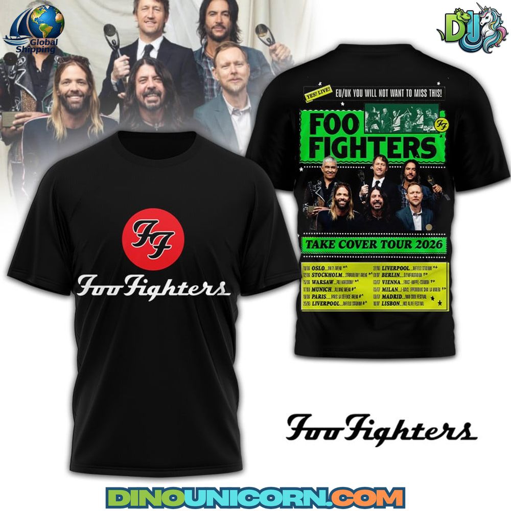 Foo Fighters Take Cover Tour 2026 T-shirt featuring bold tour poster graphics and rock band artwork in Dinounicorn streetwear style.
