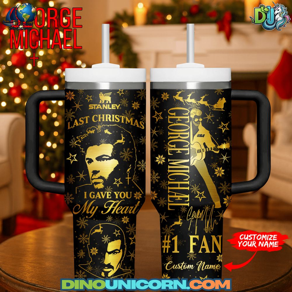 George Michael Christmas Stanley Tumbler Cup in black and gold with snowflake accents, inspired by George Michael merch and seasonal holiday design.