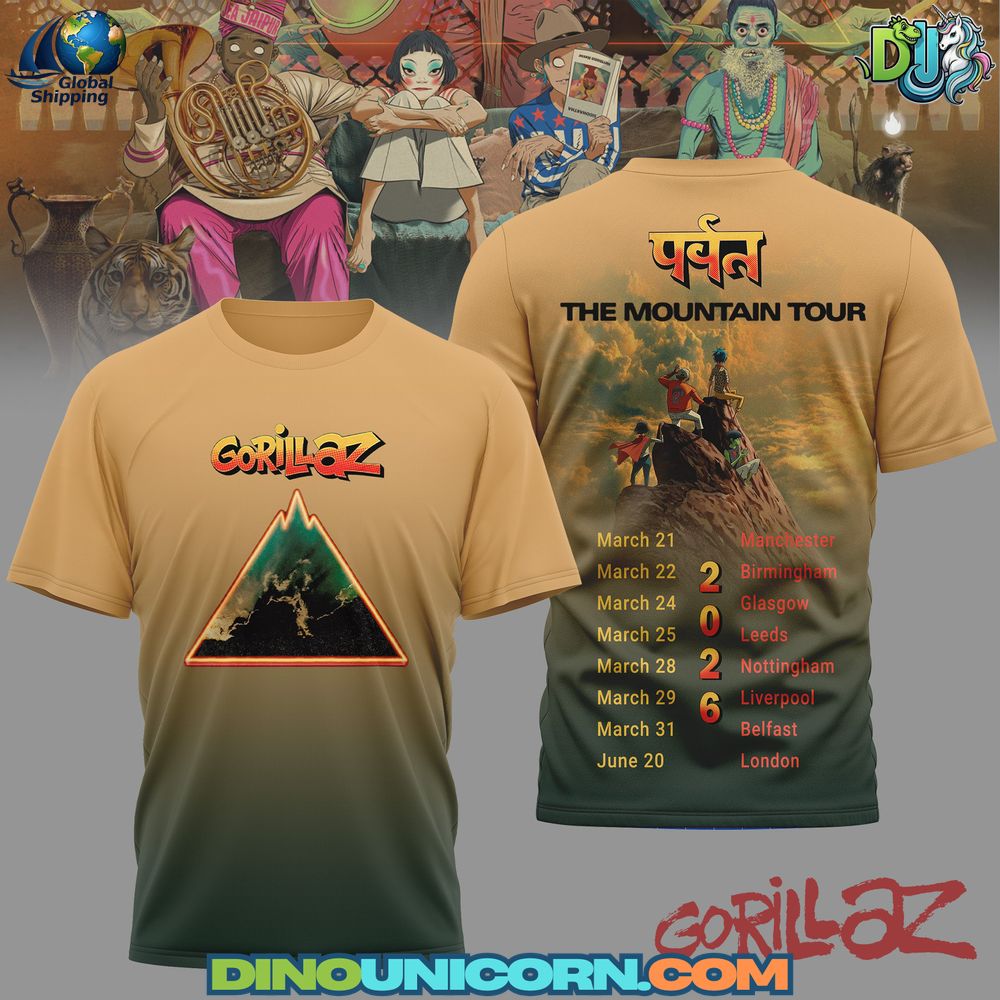 Gorillaz The Mountain Tour Tshirt Gorillaz The Mountain Tour T-shirt graphic tee featuring anime art style, vintage inspired design, and pop culture streetwear aesthetic for Gorillaz fans.