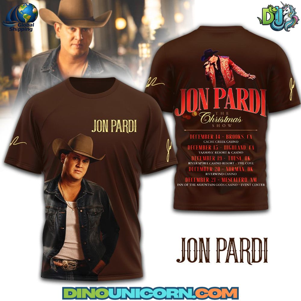 Jon Pardi Tshirt Brown Jon Pardi Christmas Show Tour T-shirt with cowboy hat and denim-inspired graphic, designed as a rustic country music tee for fans.