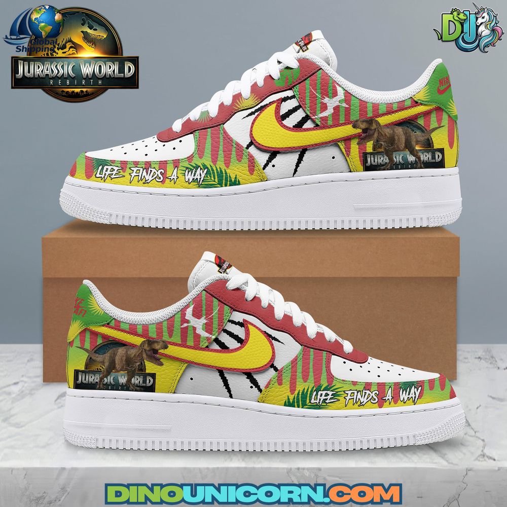 Jurassic World Life Finds a Way Air Force 1 Sneaker Jurassic World Life Finds a Way Air Force 1 sneaker with dinosaur graphic design, cinematic movie-inspired custom AF1 streetwear.
