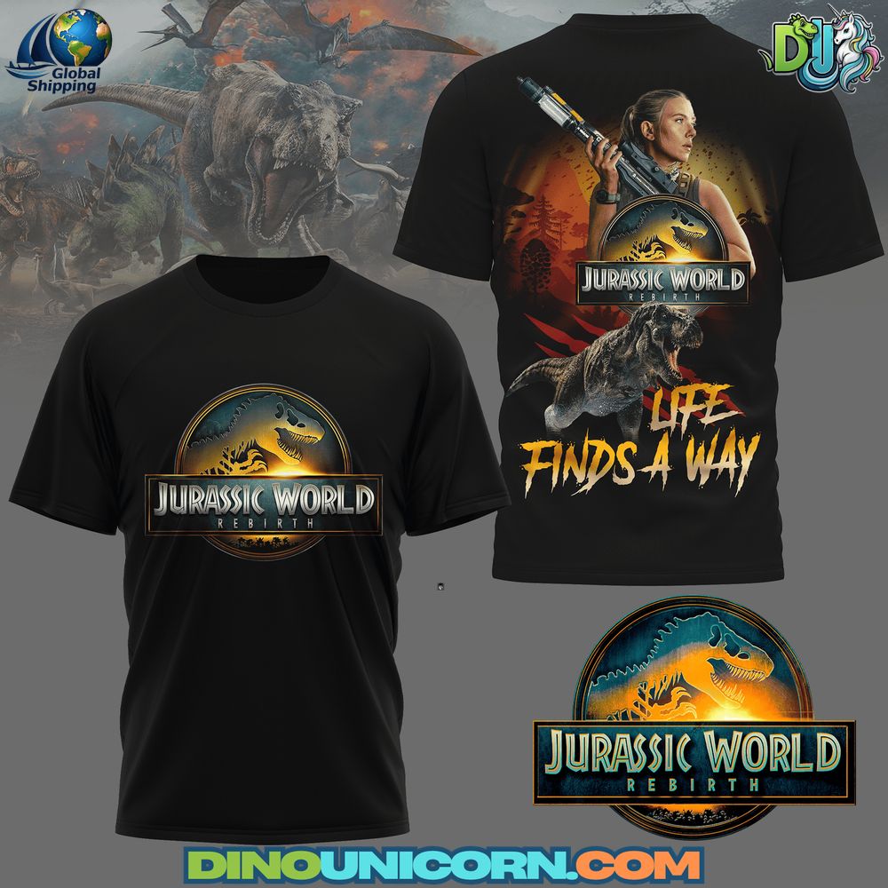 Jurassic World Life Finds a Way Tshirt Jurassic World Life Finds a Way T-shirt with bold dinosaur graphic design, cinematic movie quote apparel, black Jurassic World fan shirt.